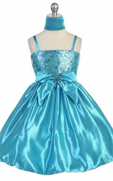 Knee-Length Spaghetti Cap-Sleeve Bowed Sequins&Satin Flower Girl Dress With Cape