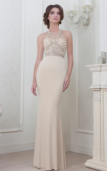 Sheath Maxi Scoop-Neck Sleeveless Beaded Jersey Evening Dress