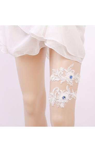 Blue Beaded Lace Applique Elastic Bridal Garter Within 16-23inch