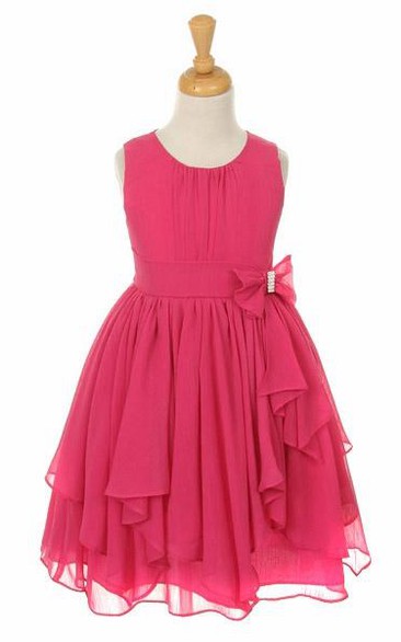 Tea-Length Broach Bowed Chiffon Flower Girl Dress