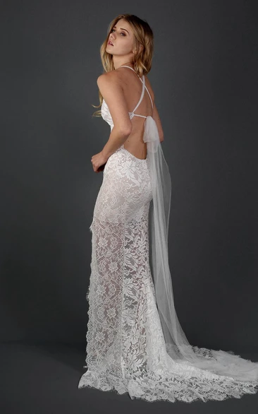 Halter Scalloped Lace Weddig Vow Renewal Dress With Illusion