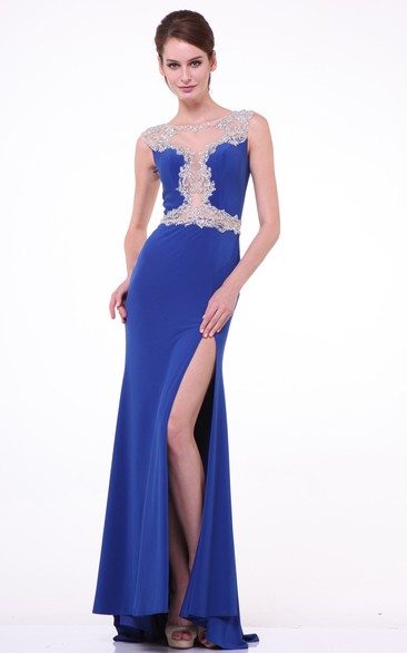 Sheath Bateau Cap-Sleeve Jersey Illusion Dress With Split Front And Beading