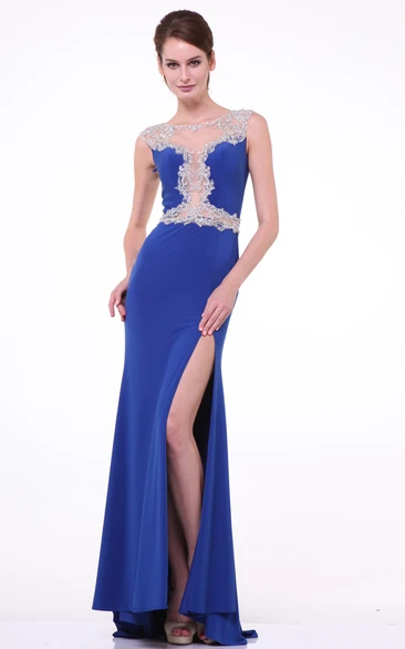 Sheath Bateau Cap-Sleeve Jersey Illusion Dress With Split Front And Beading