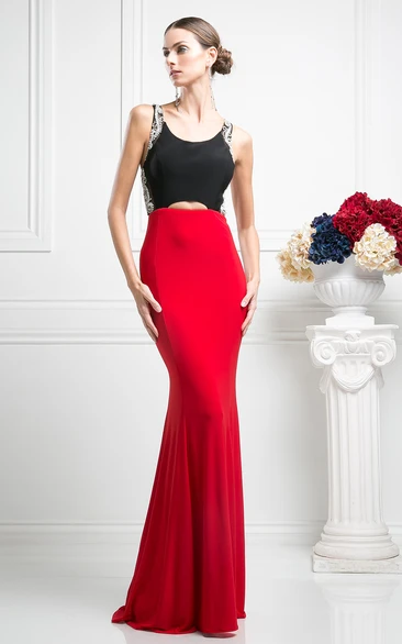 Muti-Color Sheath Scoop-Neck Sleeveless Jersey Keyhole Dress With Beading