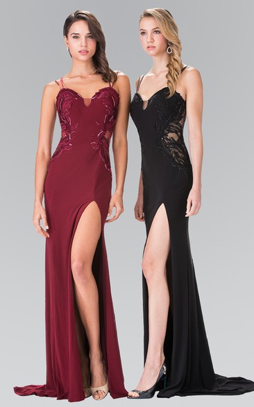 Sheath Spaghetti Jersey Deep-V Back Dress With Split Front And Embroidery