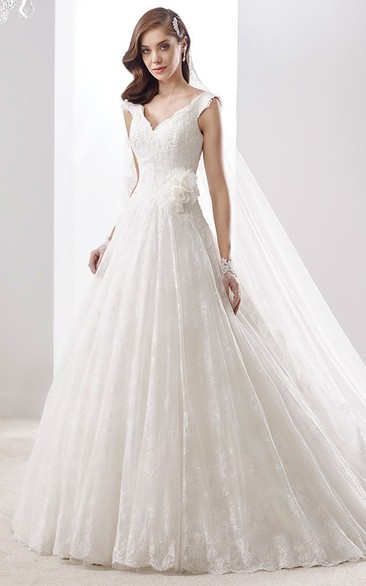 V-neck A-line Floral Wedding Dress with Cap Sleeves and V Back