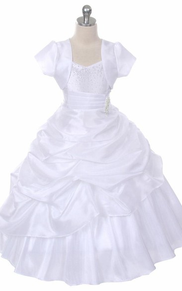 Bolero Ankle-Length Beaded Pleated Lace&Taffeta Flower Girl Dress