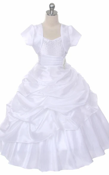 Bolero Ankle-Length Beaded Pleated Lace&Taffeta Flower Girl Dress
