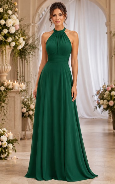 Dark Green Halter Chiffon Bridesmaid Dress