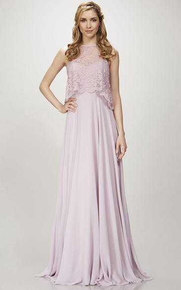 Sleeveless Lace Jewel Neck Chiffon Bridesmaid Dress With Deep-V Back