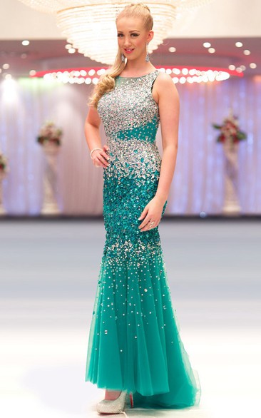 Sheath Ankle-Length Sleeveless Crystal Scoop-Neck Sequins&Tulle Prom Dress