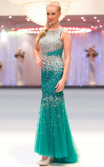 Sheath Ankle-Length Sleeveless Crystal Scoop-Neck Sequins&Tulle Prom Dress