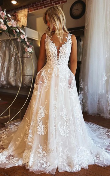 White Lace Backless Wedding Gown with Train
