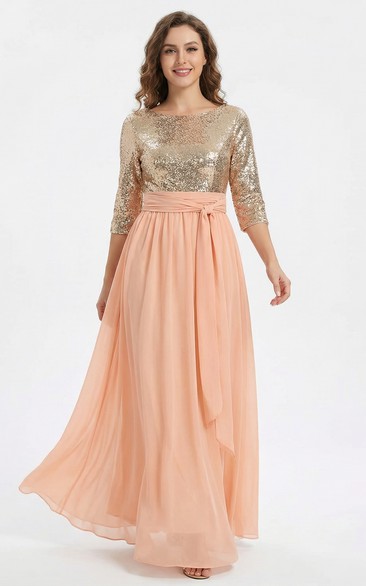 Half Sleeve Long Sequin Evening Dress