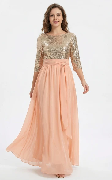 Half Sleeve Long Sequin Evening Dress