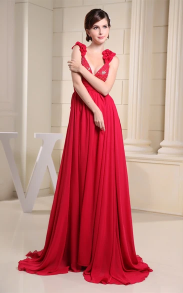 Plunged Floor-Length Chiffon Ruffled Straps and Dress With Beading