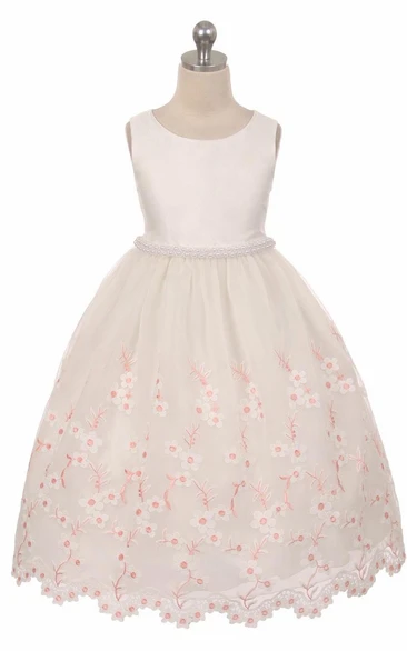 Tea-Length Floral Beaded Lace&Organza Flower Girl Dress With Sash
