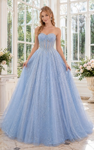 Sky Blue Glitter Tulle Ball Gown with Strapless Sweetheart Bodice