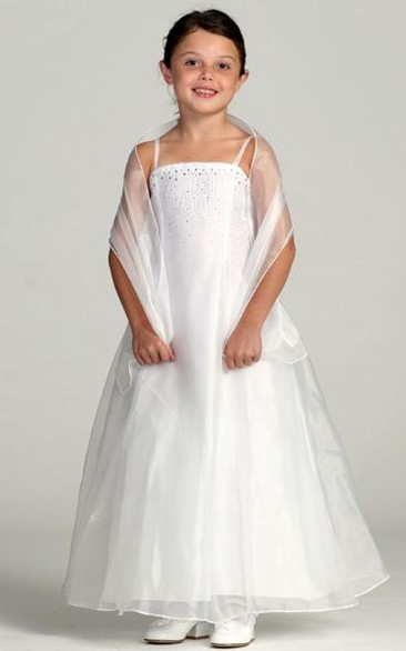 Spaghetti Ankle-Length Cap-Sleeve Beaded Organza Flower Girl Dress With Straps