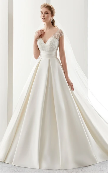 V-Neck Illusion-Strap Satin A-Line Wedding Dress With Cinched Waistband And Low-V Back