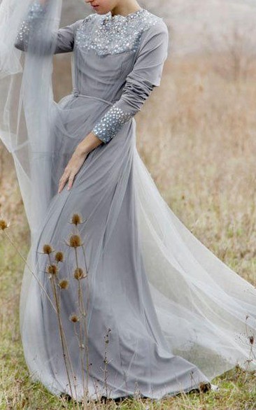 Romantic Wedding Grey Wedding Ballet Inspired Wedding Gown Rustic Wedding Lace Wedding Gown Chiffon Long Sleeve Bridesmaid Dress