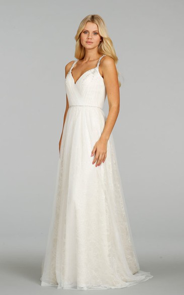 Refined Pleated Bodice Lace Vow Renewal Dress With Keyhole Back