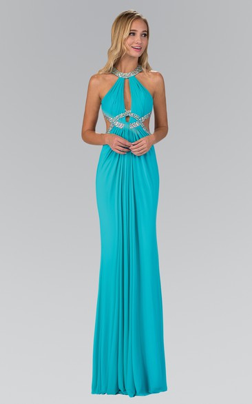 Sheath Maxi Scoop-Neck Sleeveless Chiffon Dress With Beading And Pleats