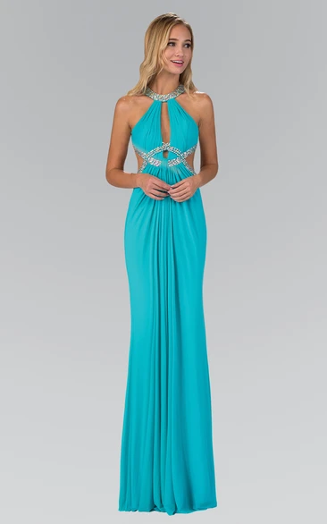 Sheath Maxi Scoop-Neck Sleeveless Chiffon Dress With Beading And Pleats