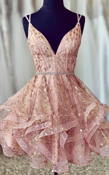 Pink Gold Sequin Strapless Mini Dress