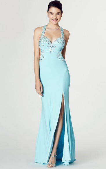 Halter Beaded Sleeveless Chiffon Prom Dress
