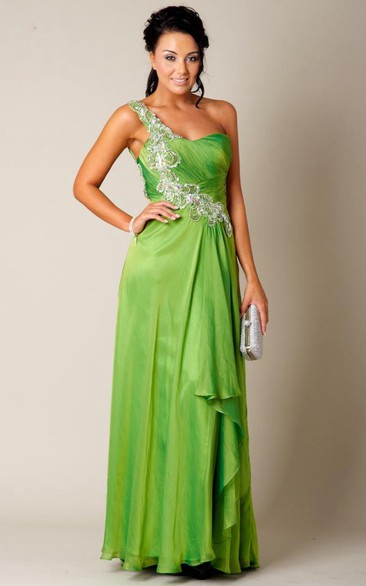Sheath Beaded Sleeveless Long One-Shoulder Prom Dress With Ruching And Draping