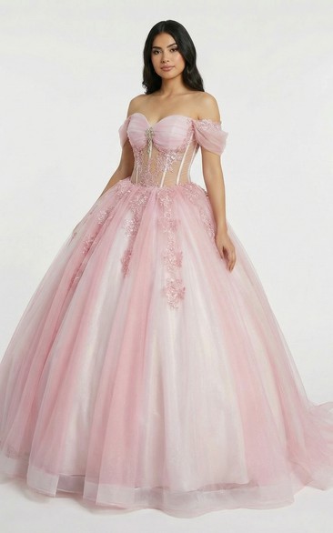 Blushing Pink Off Shoulder Quinceanera Corset Prom Ball Gown with Tulle Skirt