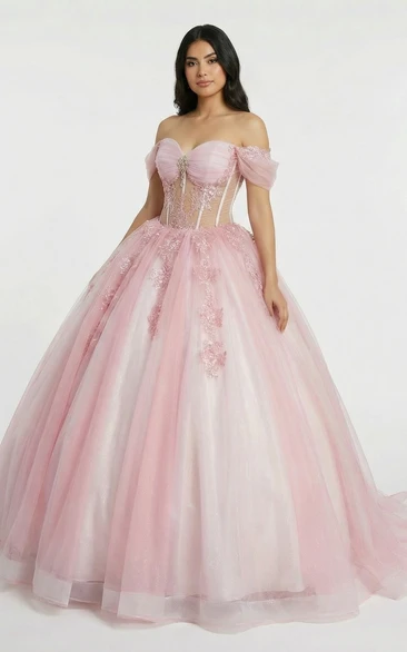 Blushing Pink Off Shoulder Quinceanera Corset Prom Ball Gown with Tulle Skirt