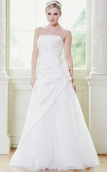 A-Line Draped Floor-Length Strapless Taffeta&Tulle Wedding Dress With Flower And Beading