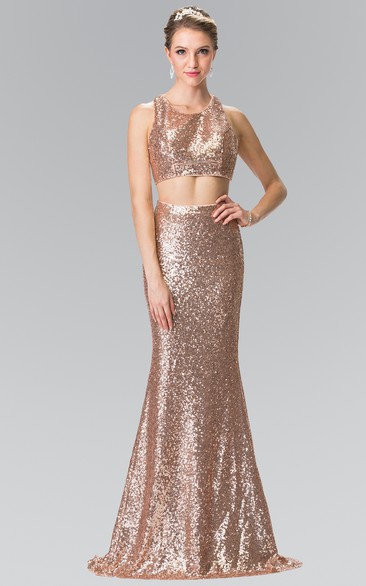 Two-Piece Sheath Maxi Scoop-Neck Sleeveless Sequins Zipper Dress