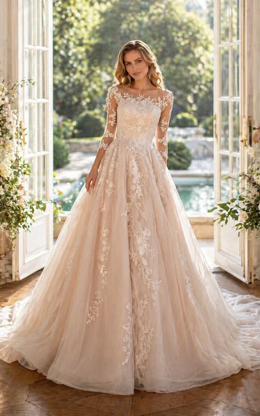 Illusion Elegant Ball Gown Lace Applique Wedding Dress