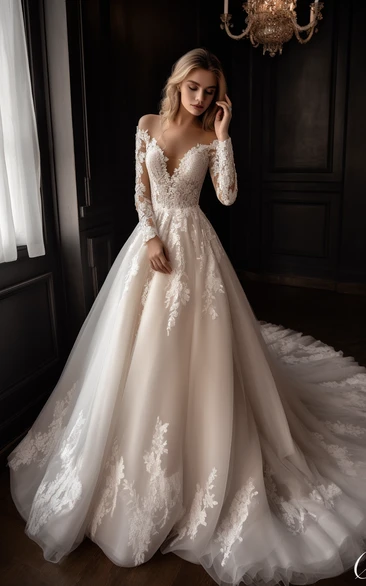 Lace Applique A-line Ball Gown V-neck Illusion Empire Wedding Dress
