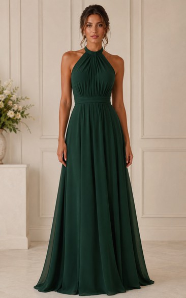 Dark Green Halter Chiffon A-Line Bridesmaid Dress