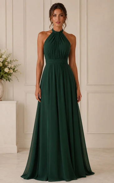 Dark Green Halter Chiffon A-Line Bridesmaid Dress