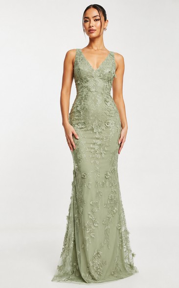 Lace Prom Dress in Sage, V-neck, Straps Mermaid Floor-Length Gown with Appliques and Lace