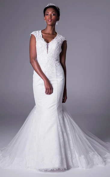 Mermaid Cap-Sleeve Appliqued V-Neck Floor-Length Lace Wedding Dress With Tiers