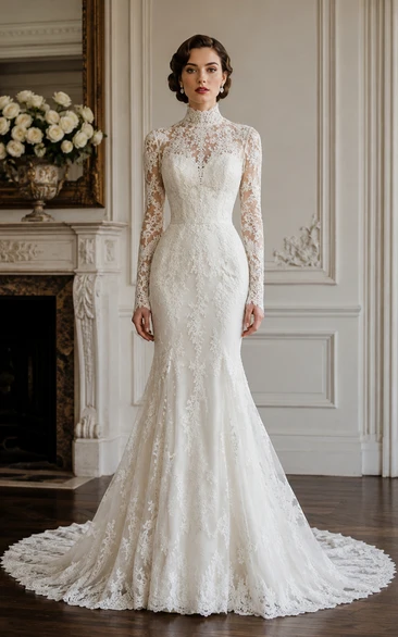 White High Neck Lace Mermaid Chapel Vintage Wedding Dress