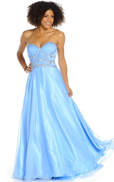 A-Line Sweetheart Long Sleeveless Beaded Tulle&Satin Prom Dress With Ruching