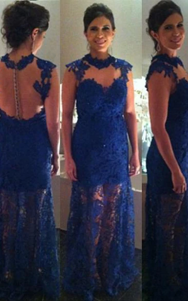 Proms Party Elegant Long Dresses for Evening Blue Lace Sleeveless High-neck Womans Gowns