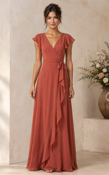 Papaya V-neck Ruffle Wrap A-Line Chiffon Bridesmaid Dress