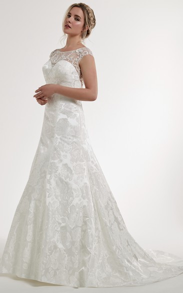 A-Line Embroidered Scoop Floor-Length Cap-Sleeve Satin Wedding Dress With Illusion Back And Appliques