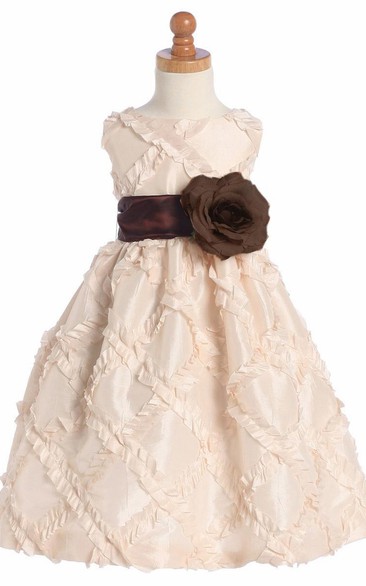 Floral Tea-Length Tiered Taffeta Flower Girl Dress With Embroidery