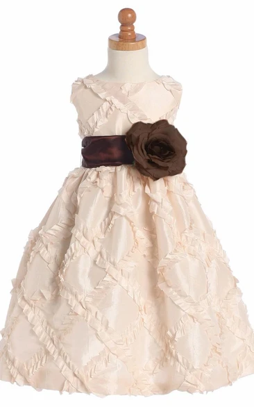 Floral Tea-Length Tiered Taffeta Flower Girl Dress With Embroidery