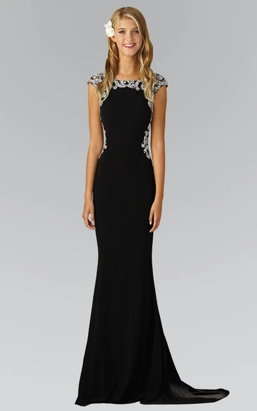 Sheath Bateau Cap-Sleeve Jersey Illusion Dress With Beading