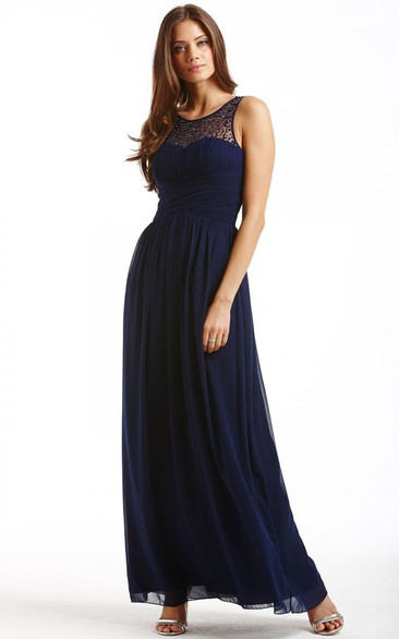 Ankle-Length Bateau Neck Sleeveless Ruched Chiffon Bridesmaid Dress